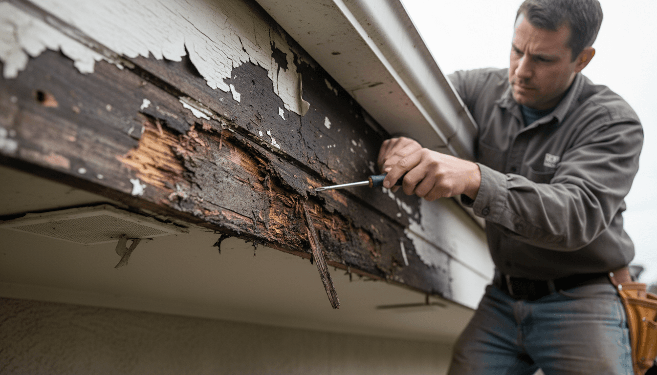 Severe fascia rot and water damage requiring replacement