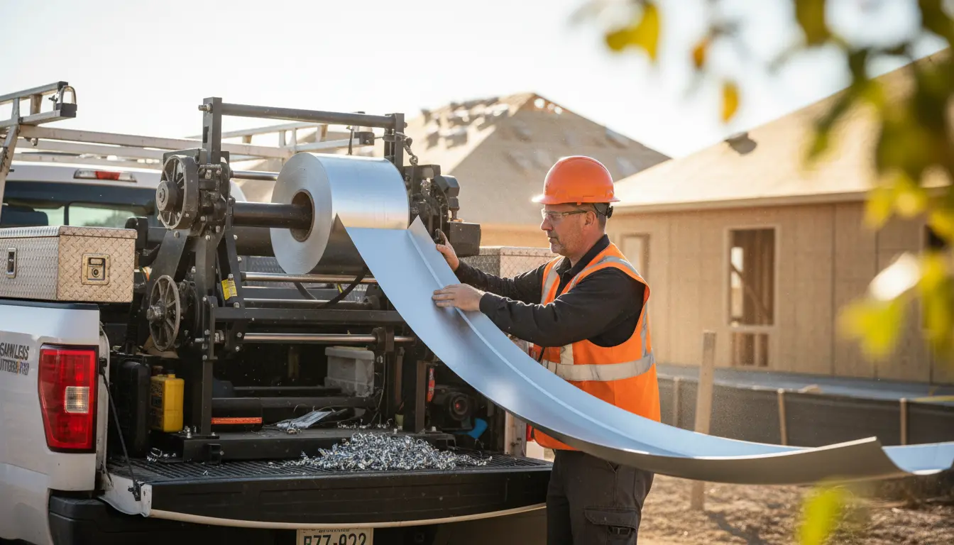 Professional seamless gutter forming machine in action