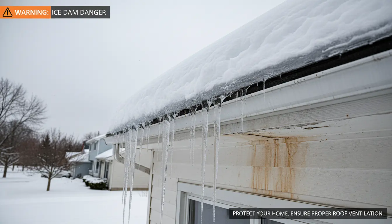 Ice dam formation on roof causing gutter damage
